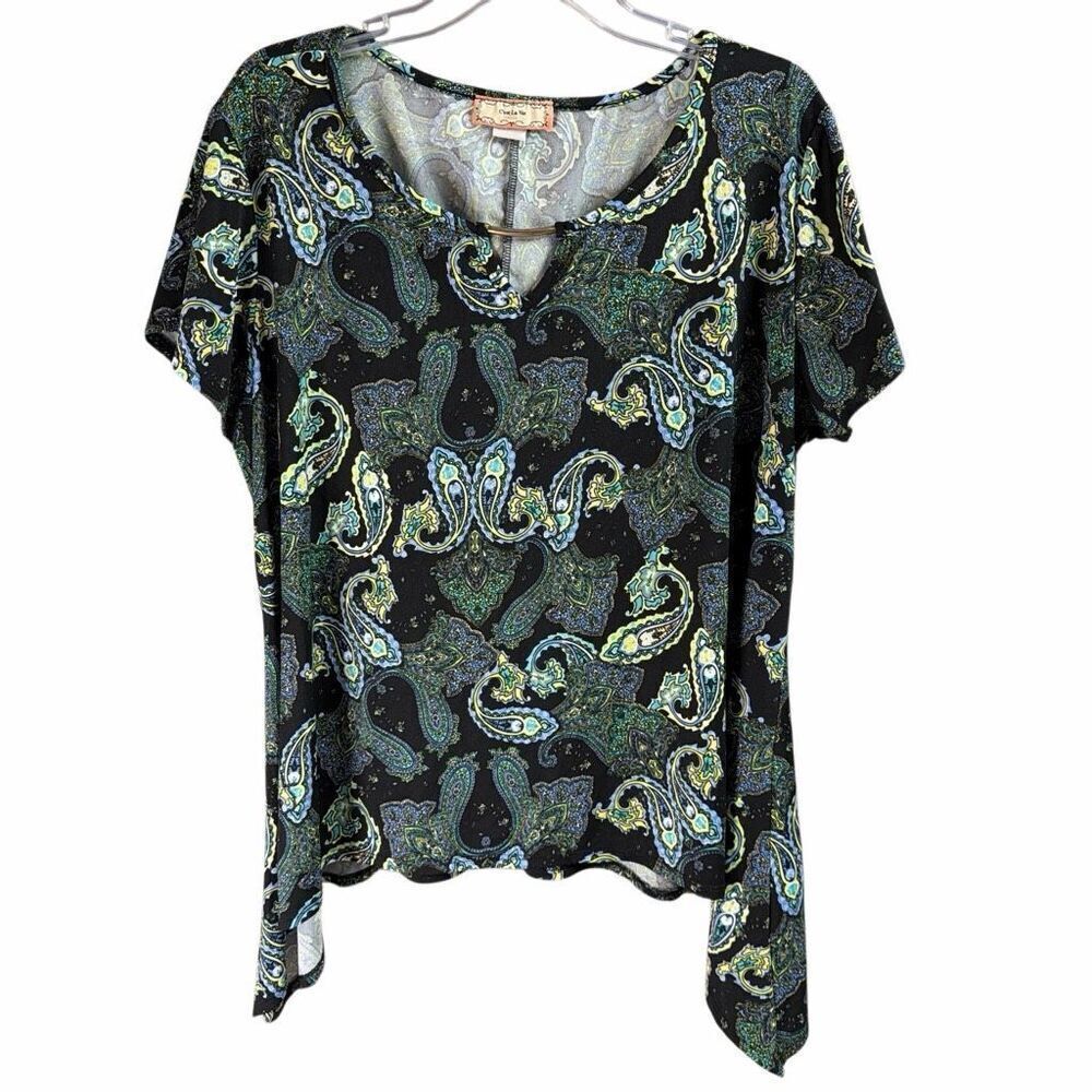C’EST LA VIE Womens Sz 3X Paisley Blouse Split Scoop Neck Boho Chic Black Green